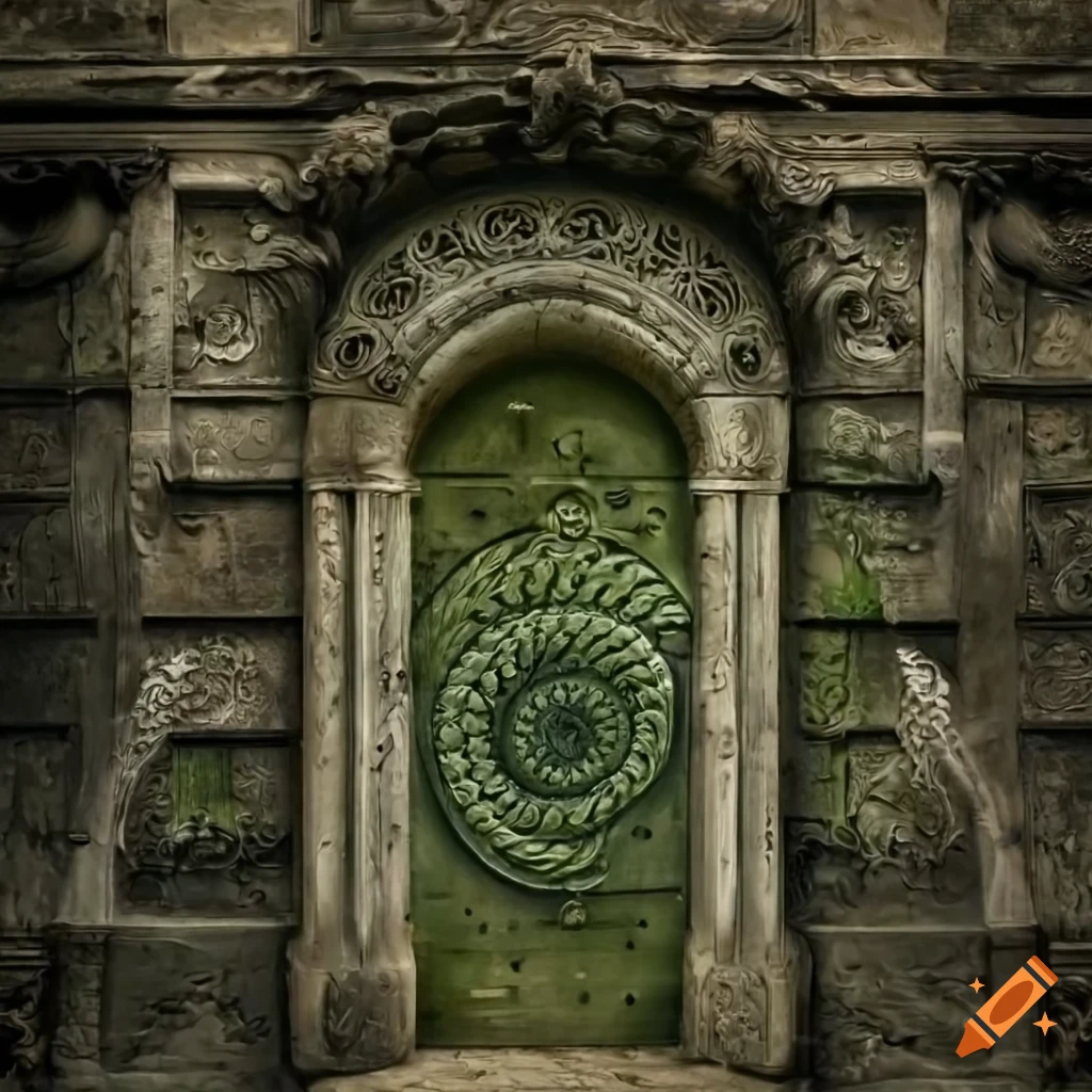 moss-covered door with spiral galaxy engraving