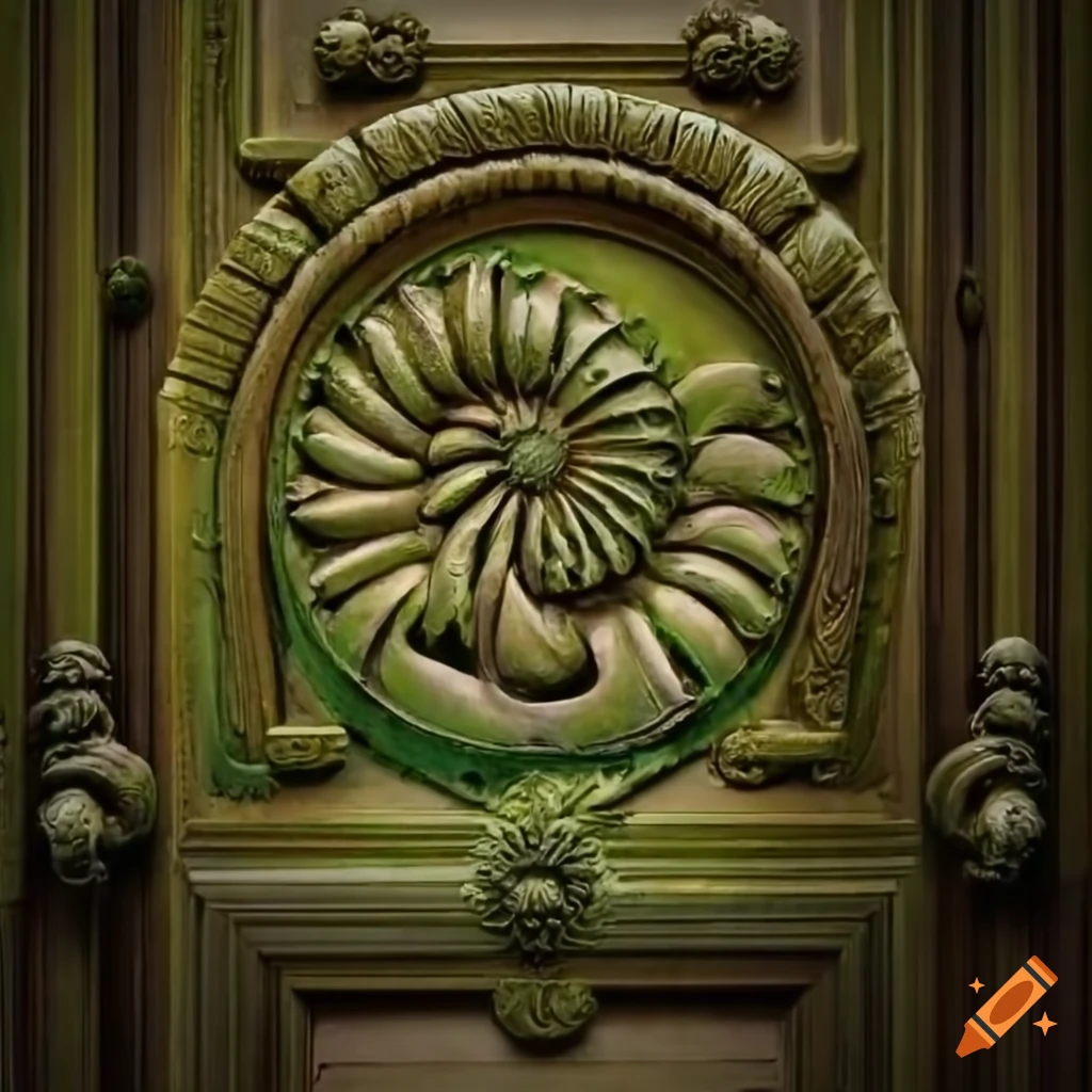 Intricate baroque moss-covered door with bas-relief spiral