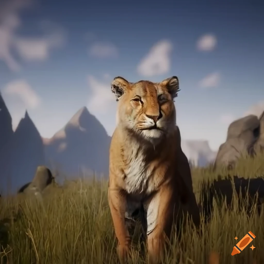 Portrait of a brown liger hunting in a grass field on Craiyon