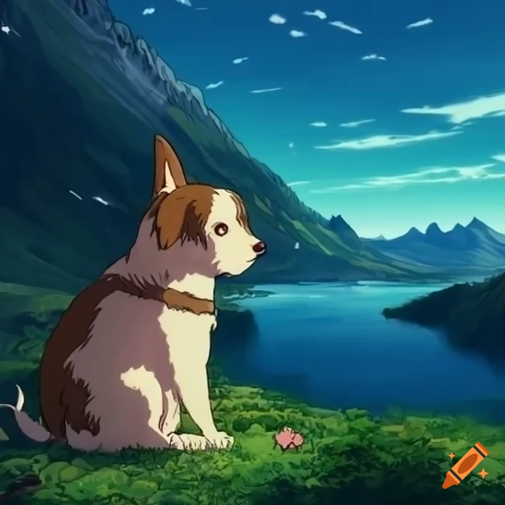 Studio ghibli anime dog by the lake in mountains on Craiyon