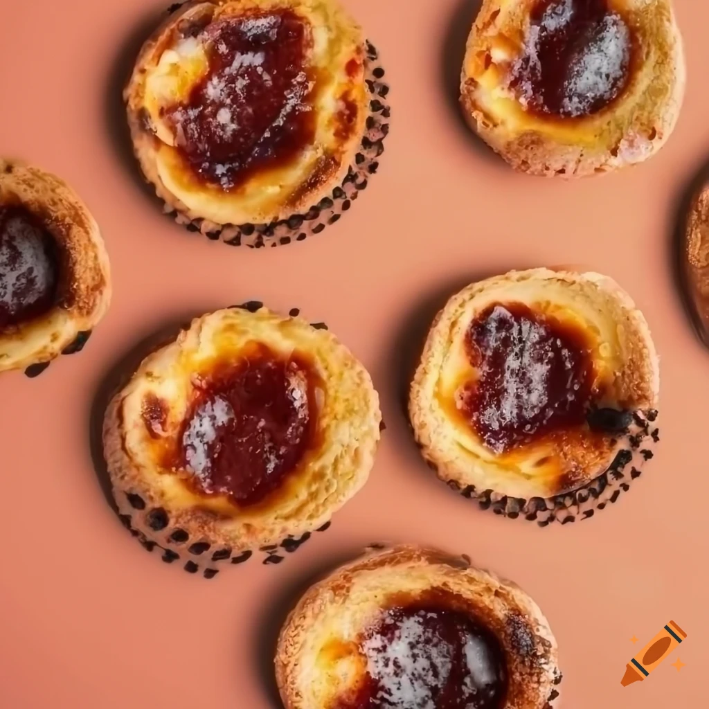 top view of various Pasteis de nata on colorful background
