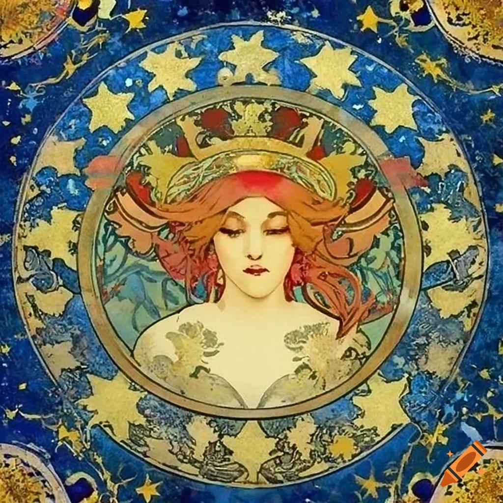 Alphonse mucha s painting of stars and planets on craiyon