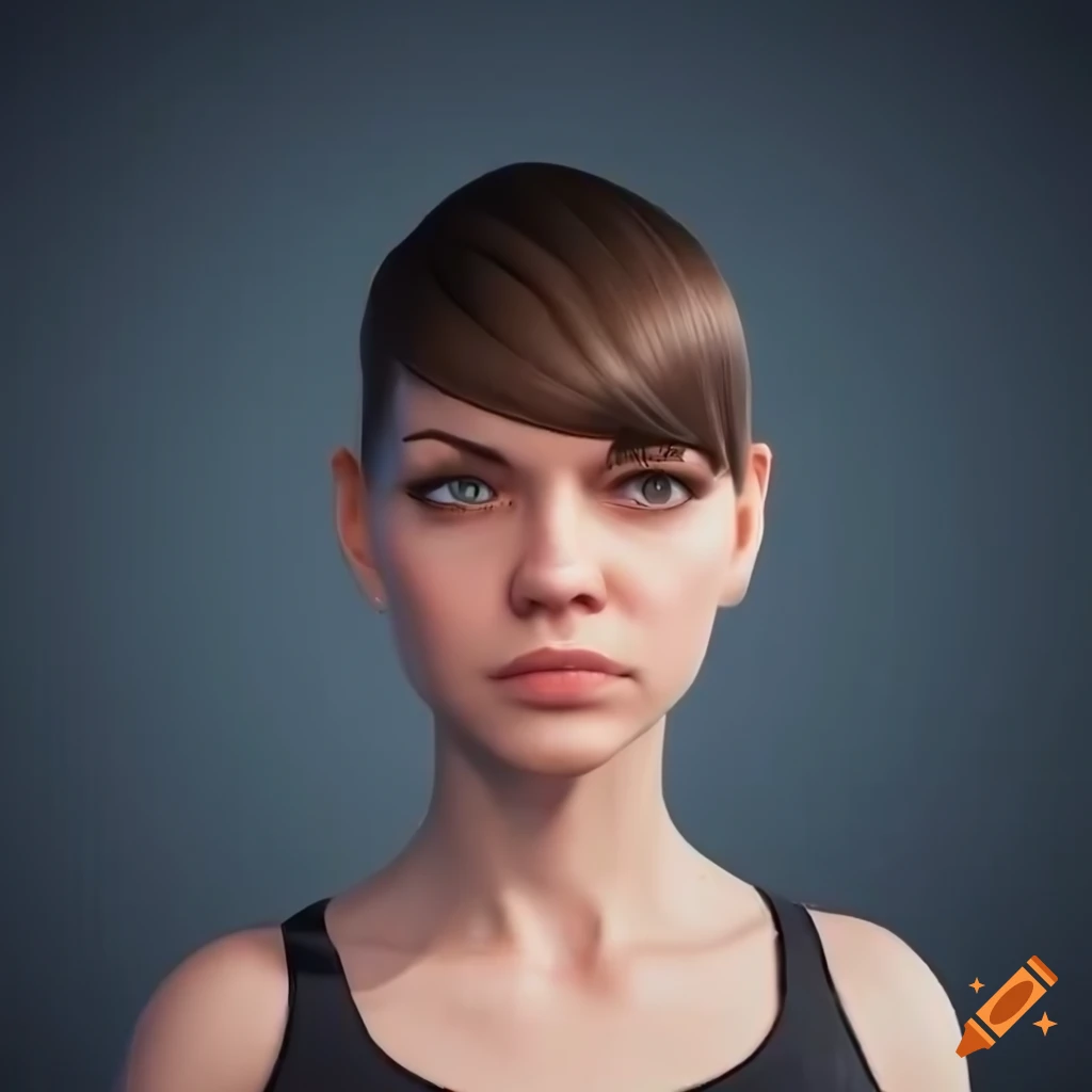 digital portrait of a young woman with short brown hair and turquoise eyes