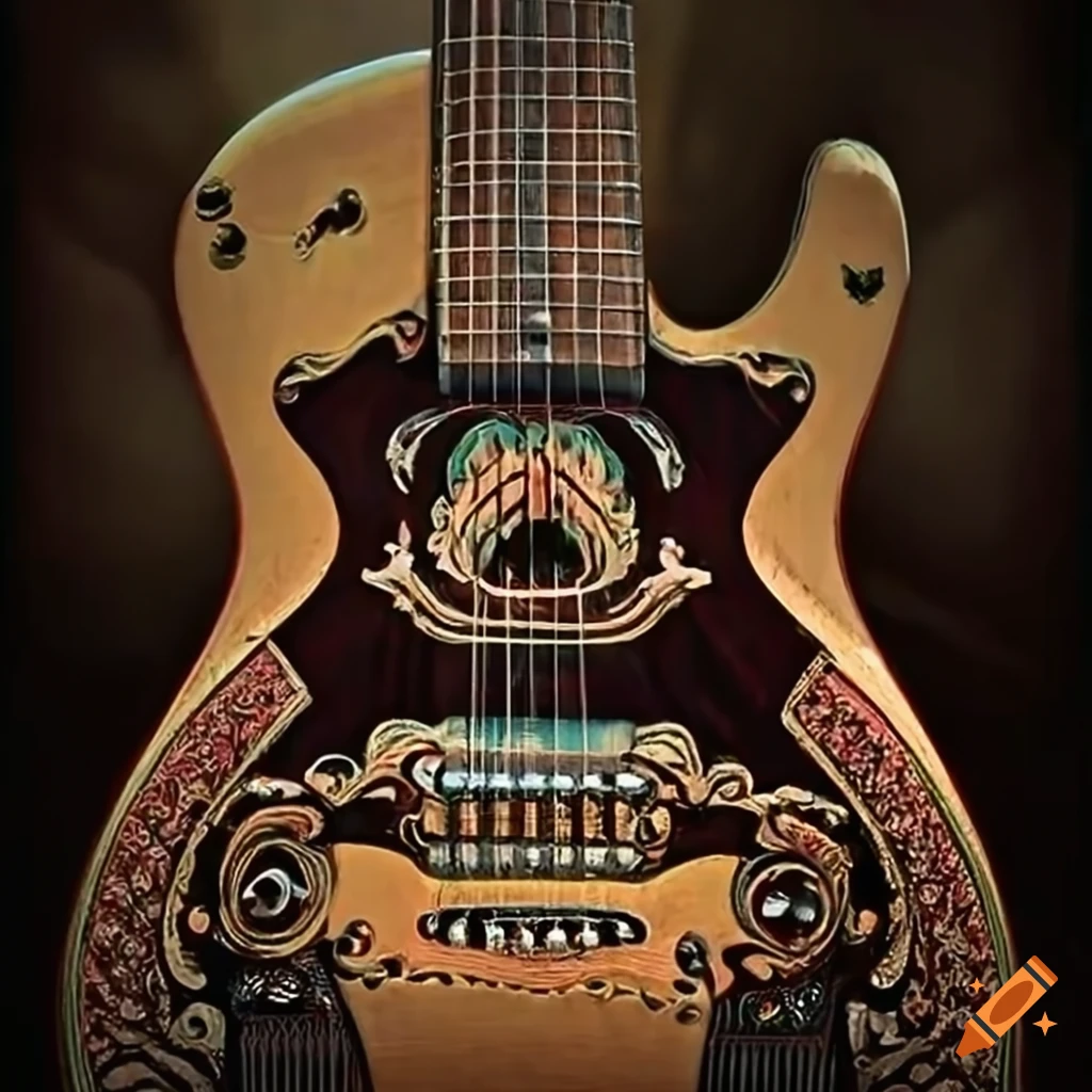 electric guitar with intricate architectural carving