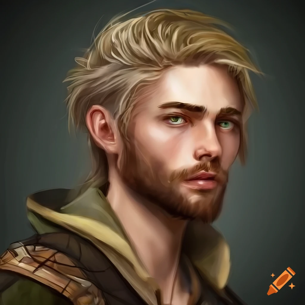 Portrait of a rugged male ranger with blond hair and green eyes
