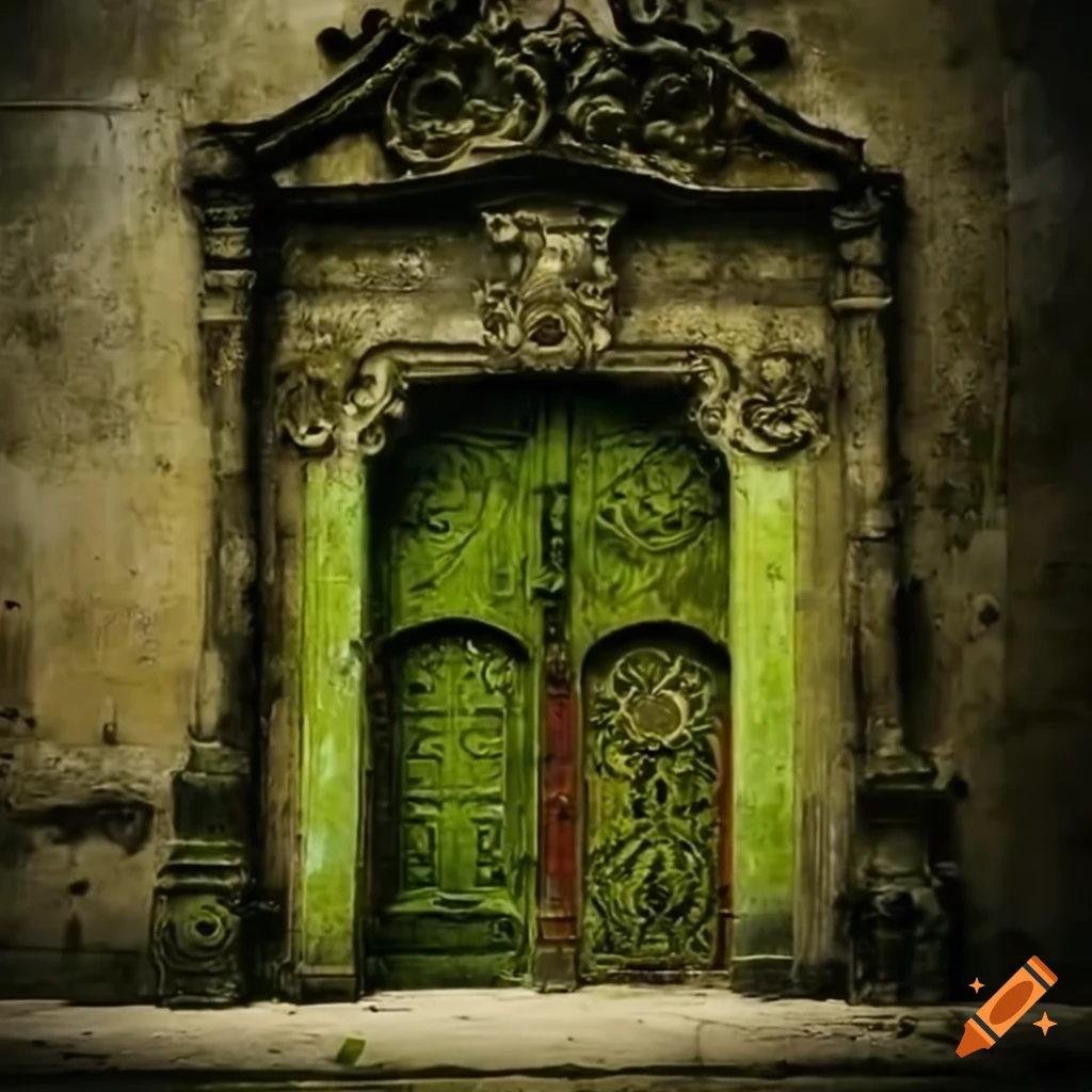 view of Havana street through a moss-covered baroque door