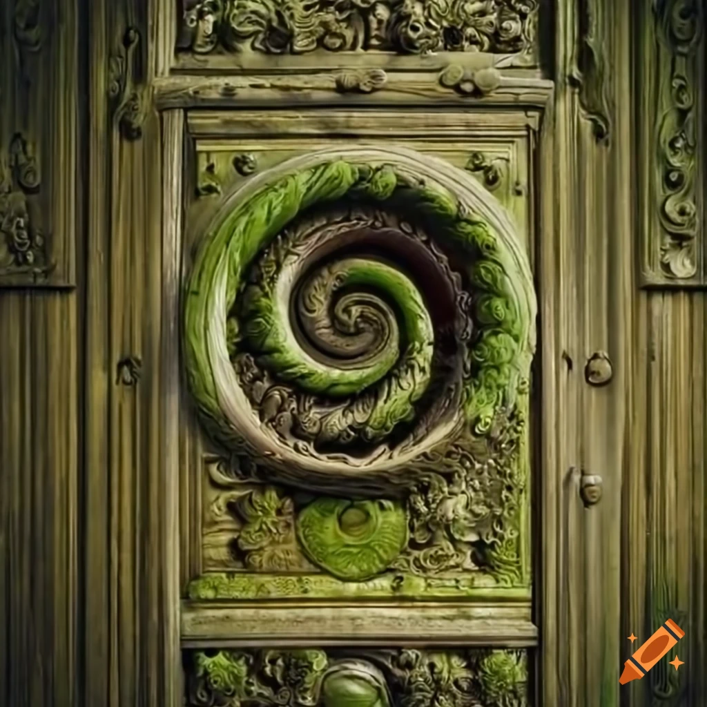 Intricate moss-covered baroque door with spiral design