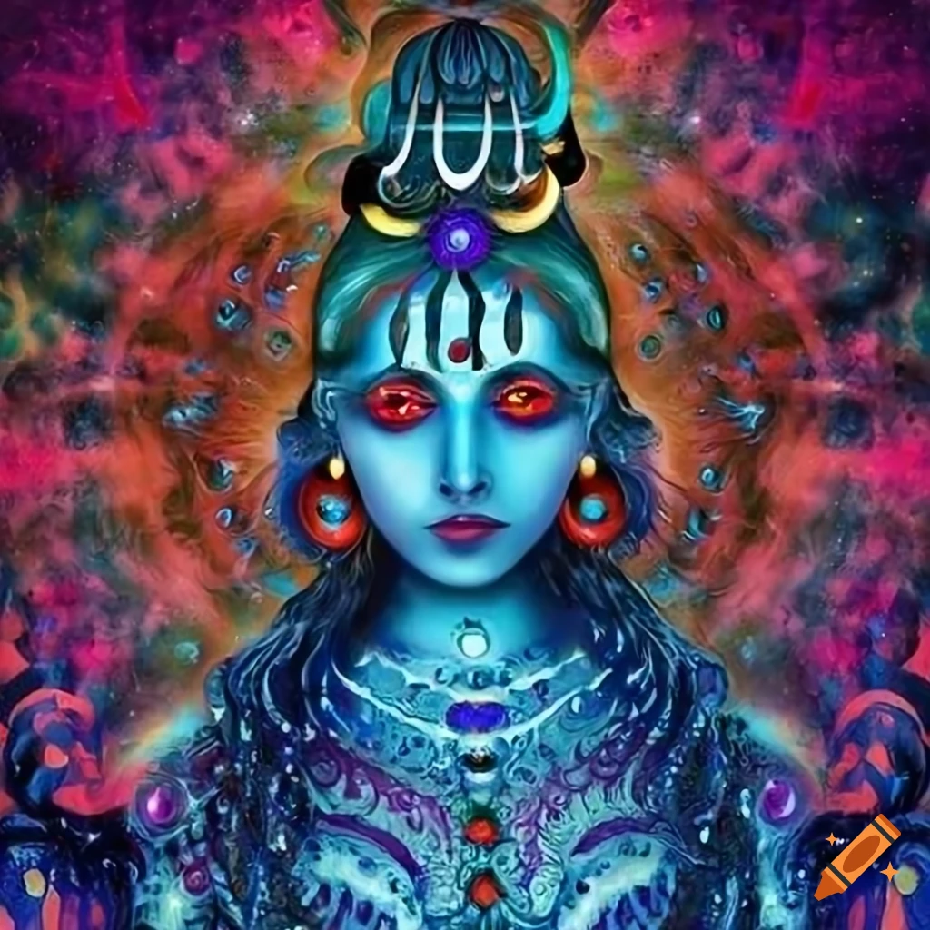 psychedelic depiction of an Indian woman with blue skin and red eyes