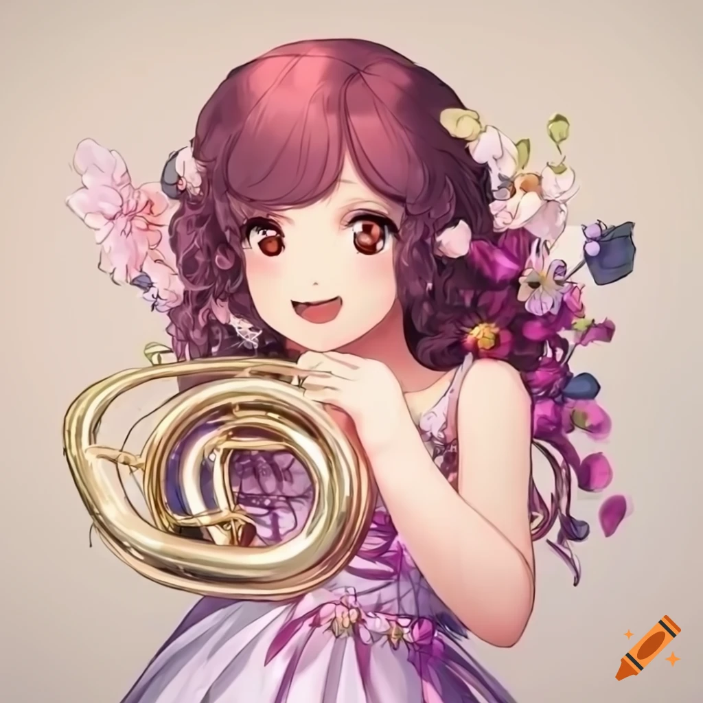 Anime girl playing sousaphone with flowered hair on Craiyon