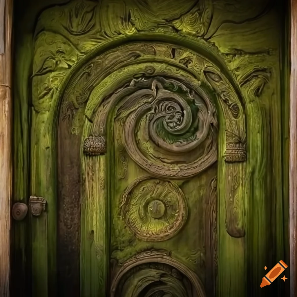 Intricate moss-covered baroque door with bas-relief spiral
