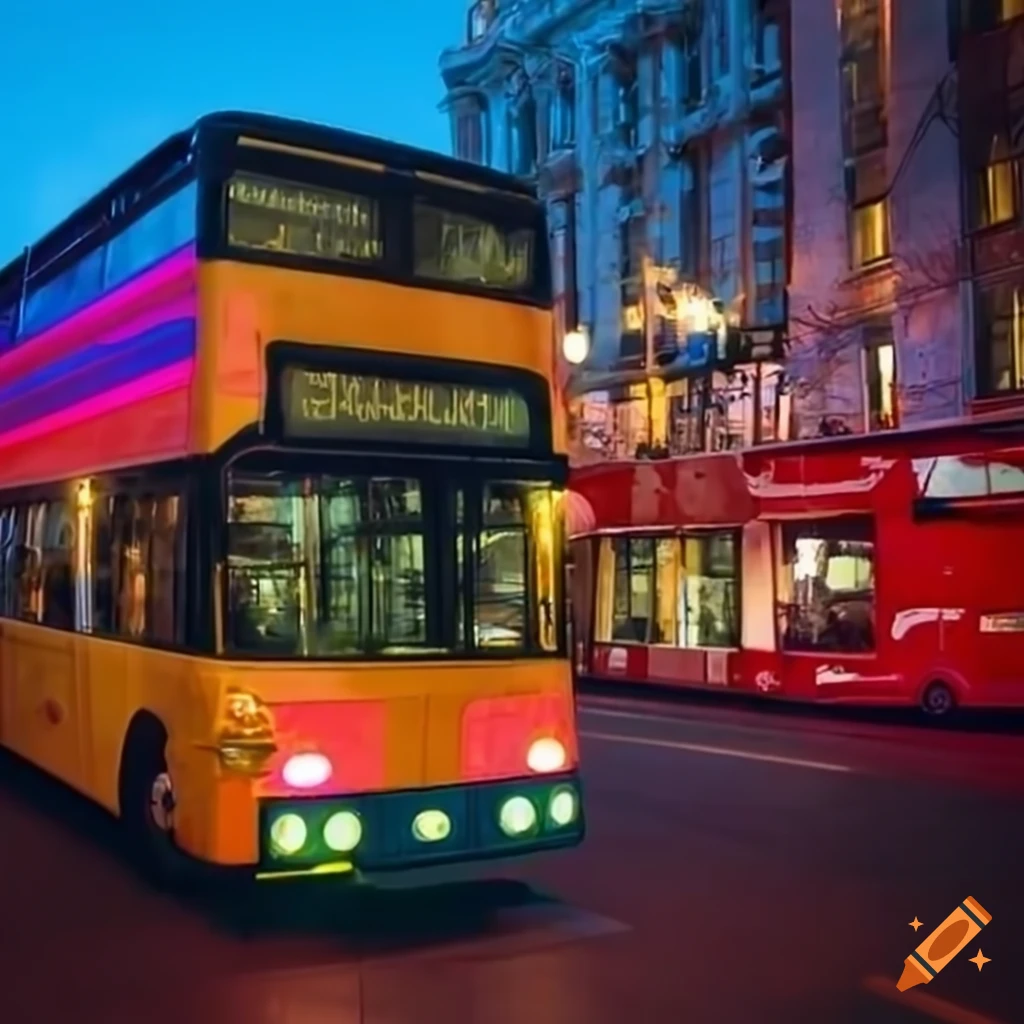 colorful double-decker bus in a vibrant city