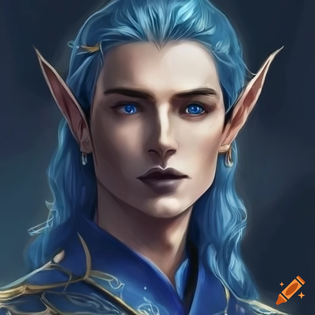 artwork of a noble elven prince with blue wavy hair