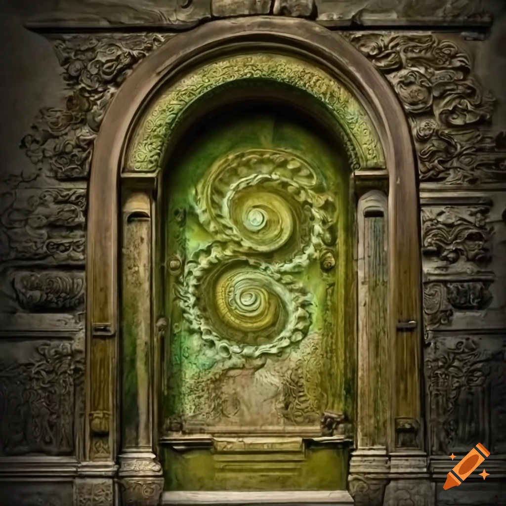 baroque moss-covered door with engraved spiral galaxy