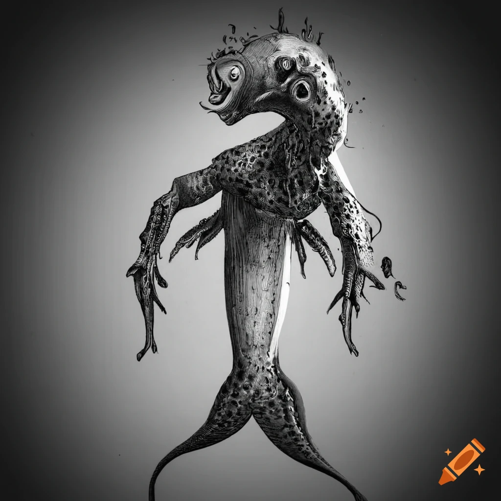 detailed black and white etching of a merman