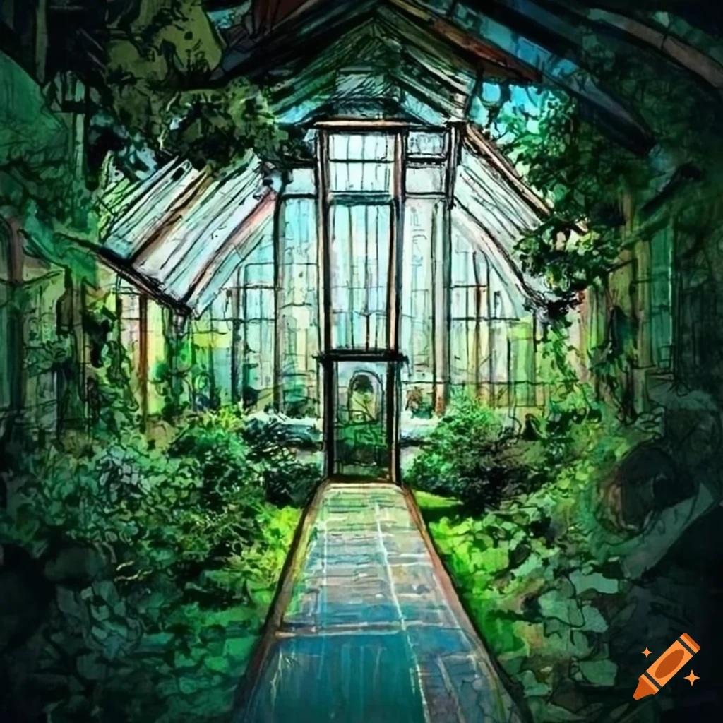 sketch of a victorian greenhouse surrounded by greenery