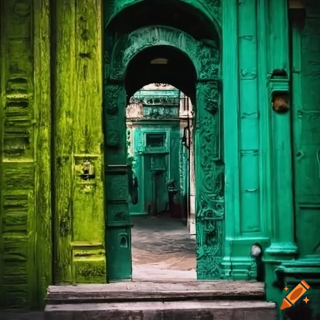 view of Havana street through a moss-covered wooden door