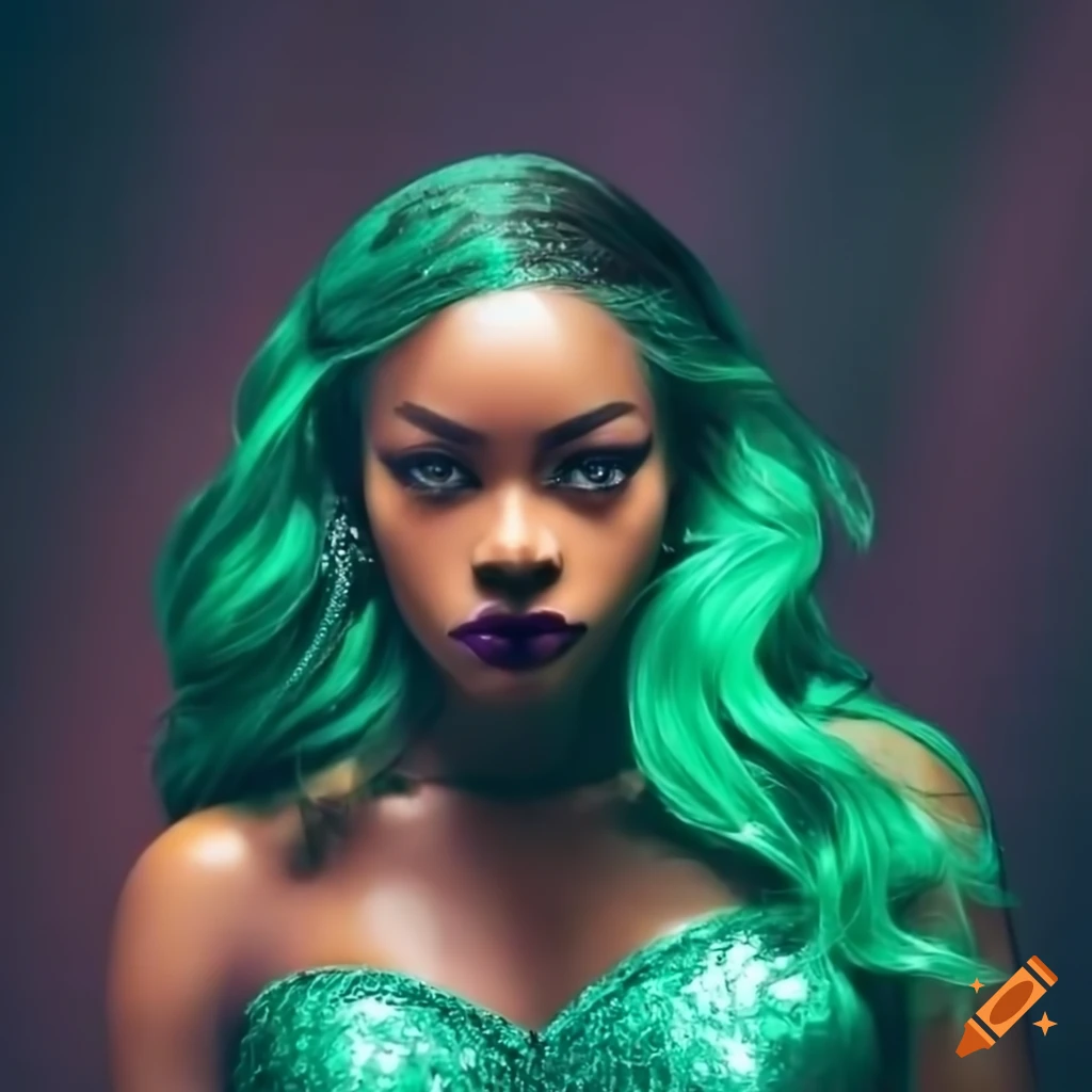 Stunning Black Female With Green Hair In A Sparkling Dress