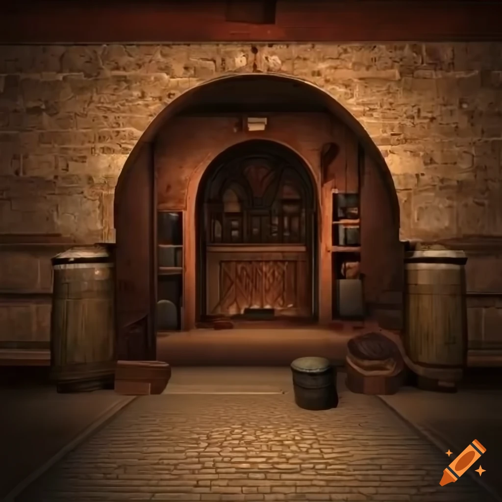 Medieval basement with crates and barrels