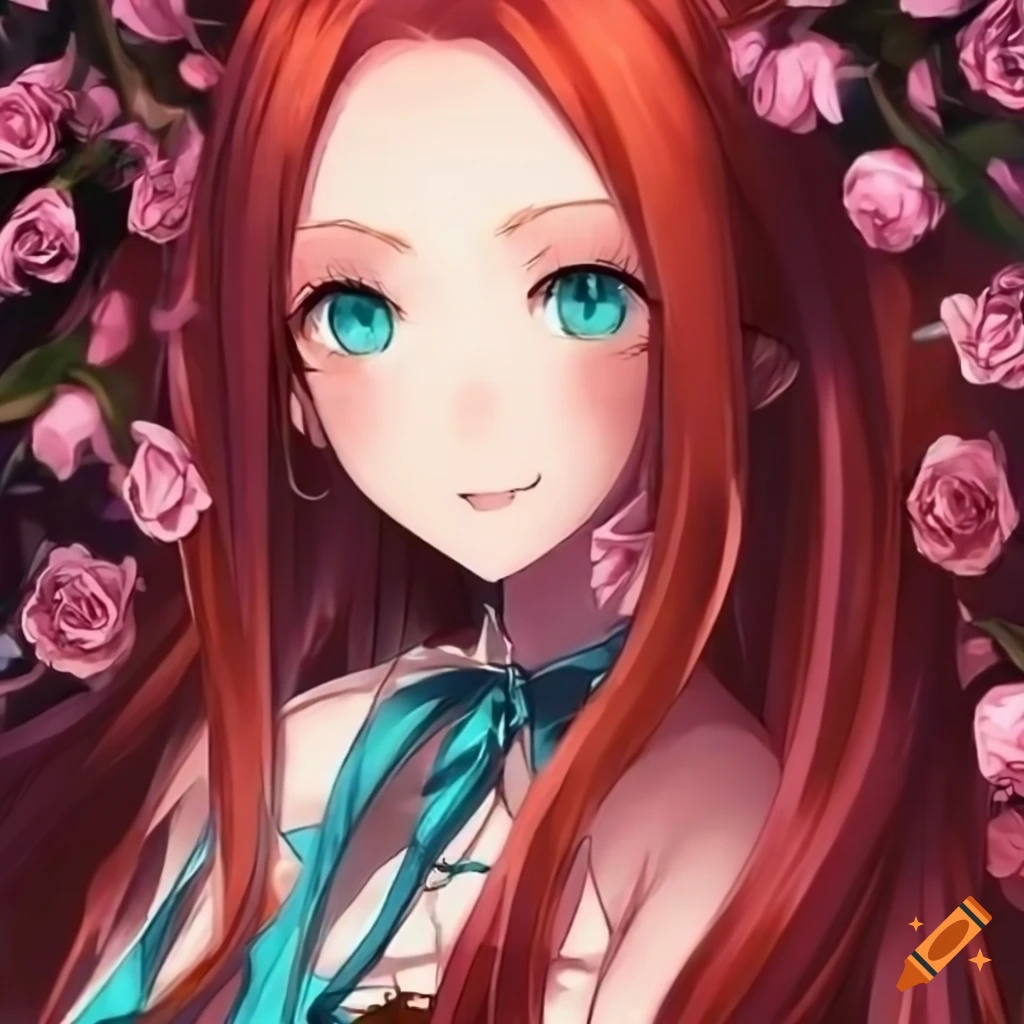 Anime girl with long red hair and teal eyes on Craiyon