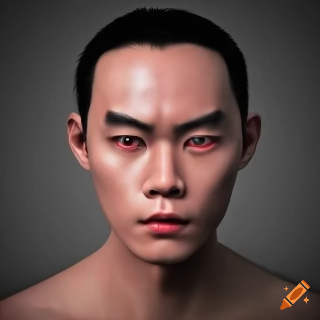 portrait of an Asian man with red eyes