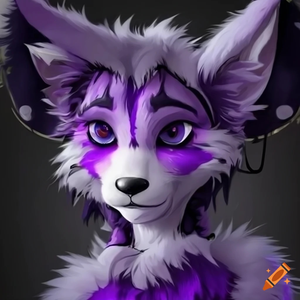 Furry animal with black, white, and purple fur