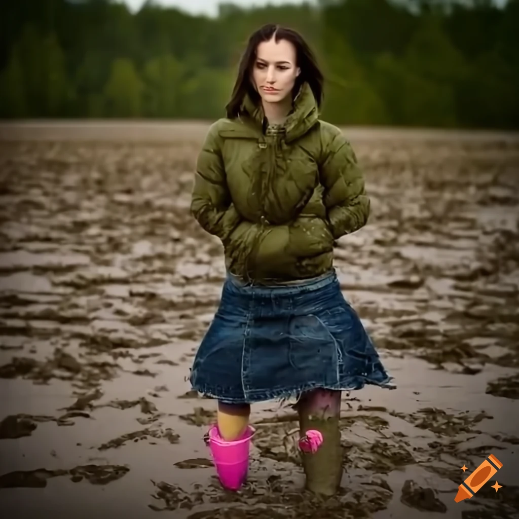 Photo of a woman in a ruined outfit on a muddy field on Craiyon
