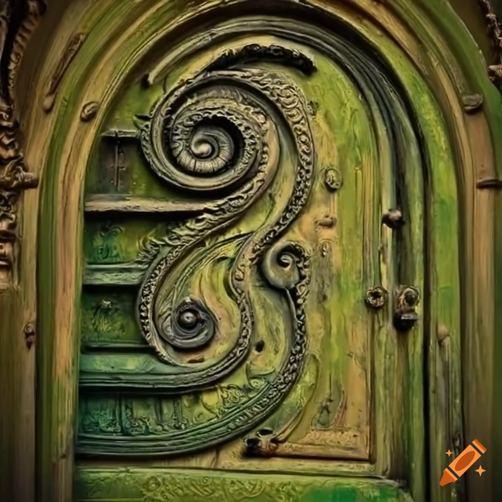 Intricate moss-covered baroque door with spiral design on Craiyon