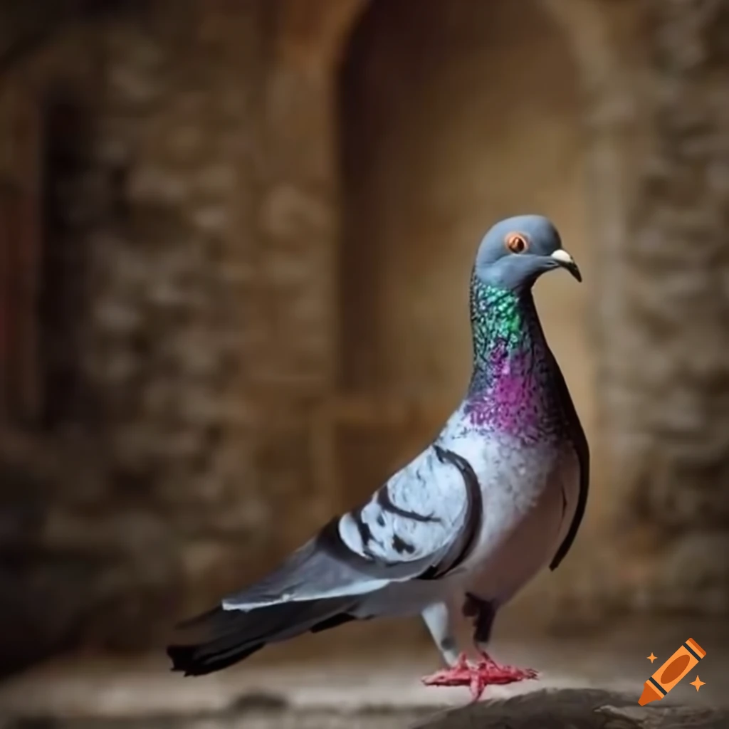 pigeon with a metal leg in a medieval castle