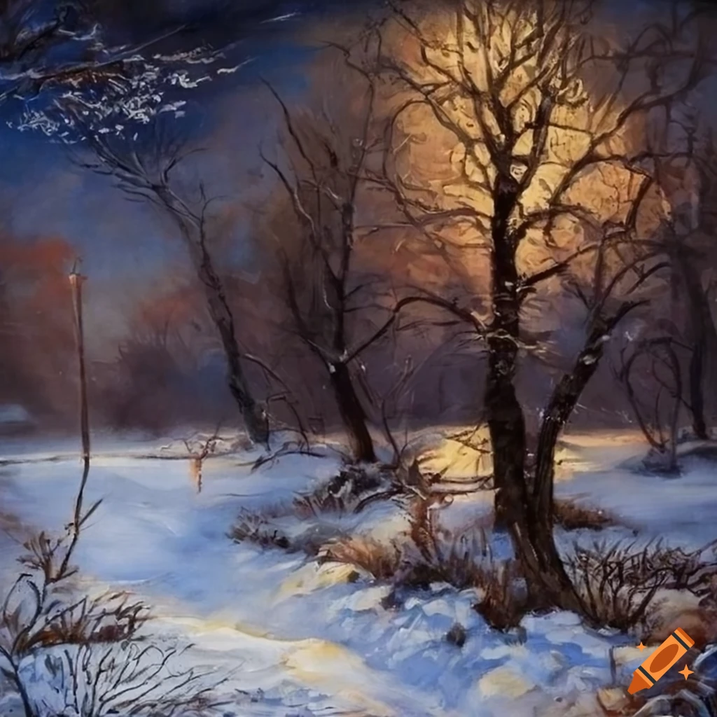 Victorian style oil painting of winter scenery