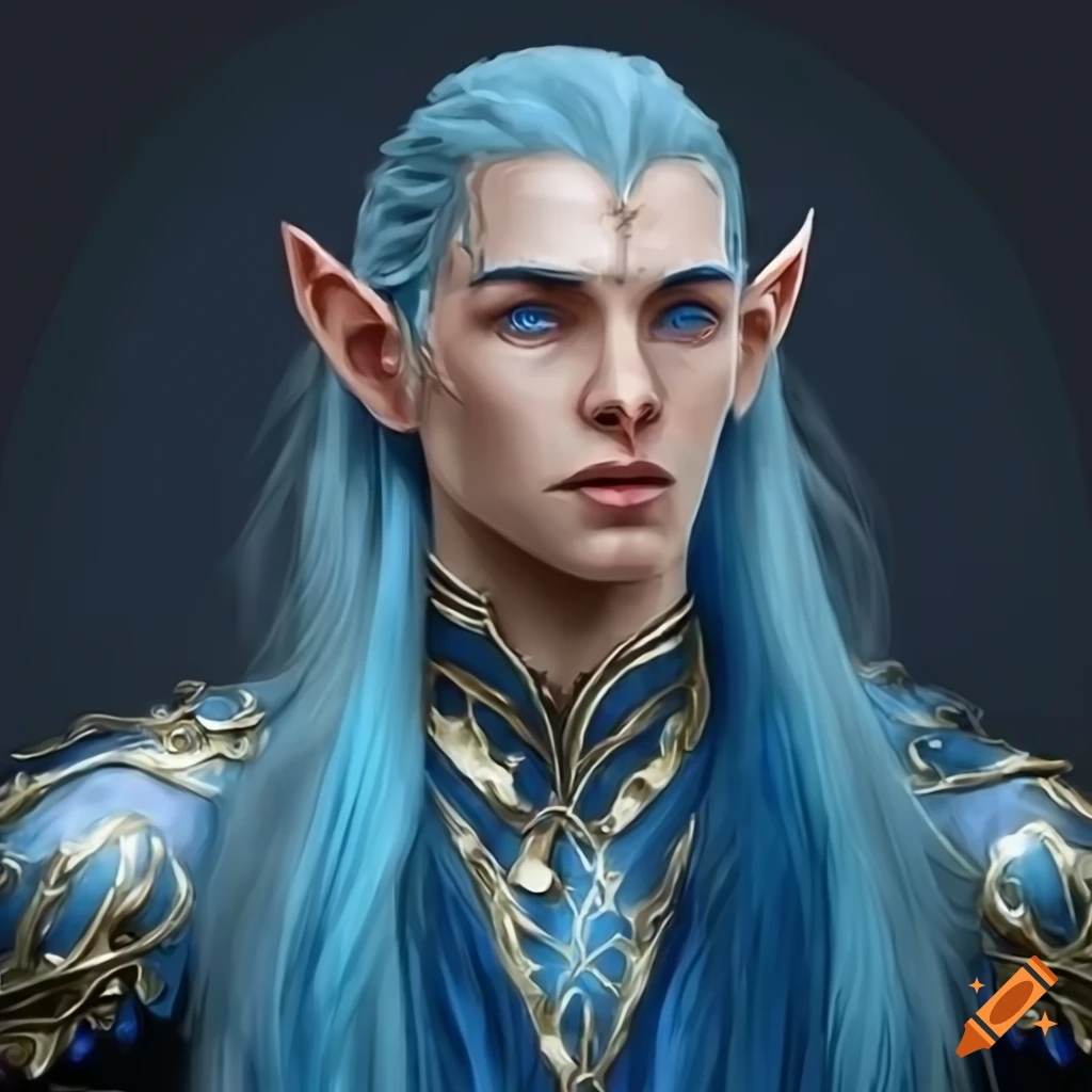 realistic depiction of an Elven king with blue hair and golden clothing