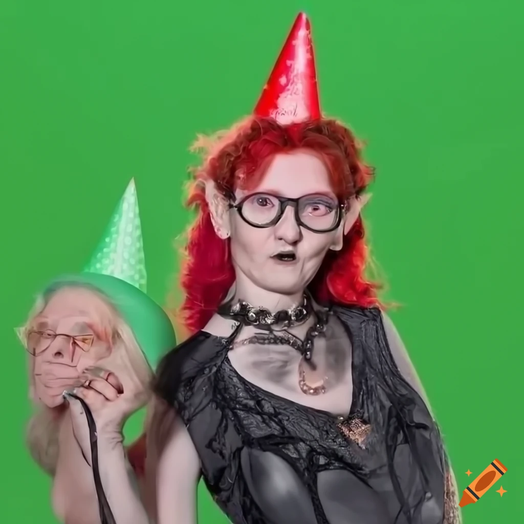 Cosplay of an elderly red-haired elf with a birthday hat on on Craiyon