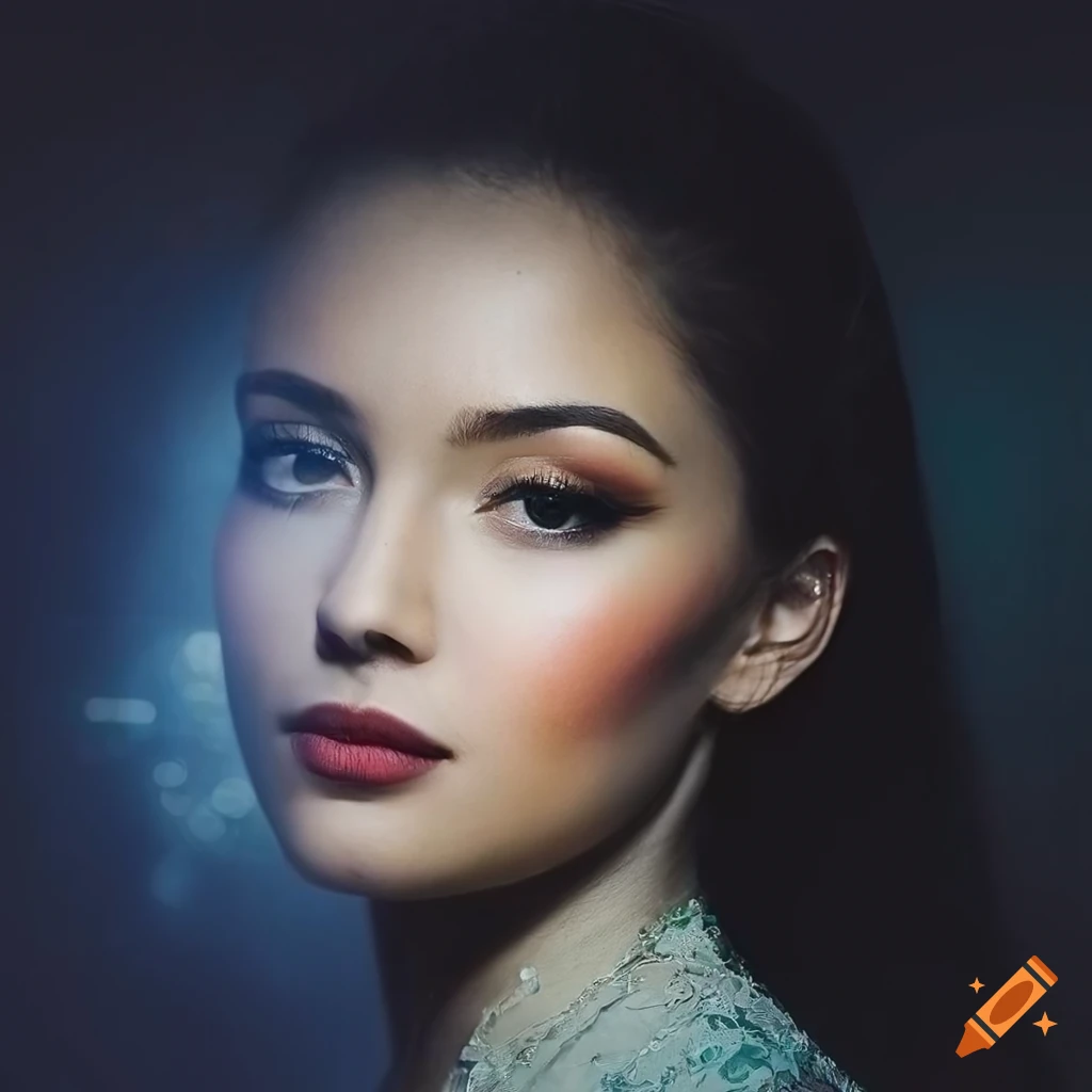 double exposure portrait of a young goddess with intense gaze