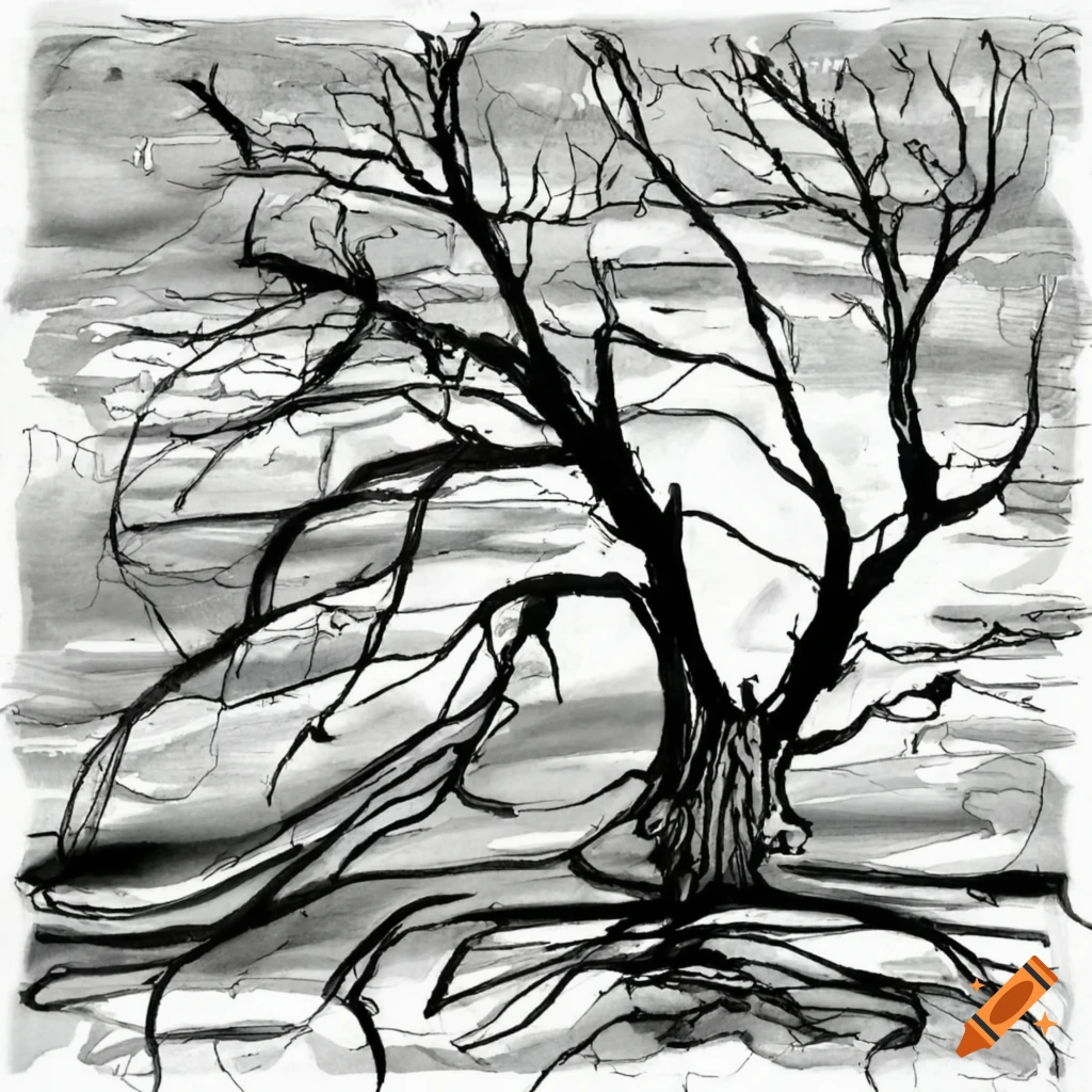 black and white ink drawing of a split dead tree