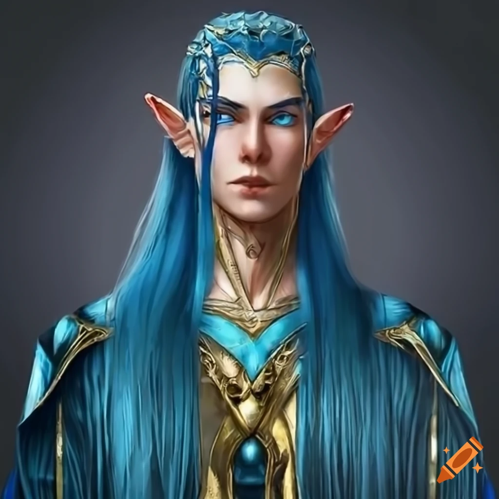 realistic depiction of an Elven king with blue hair and golden clothing