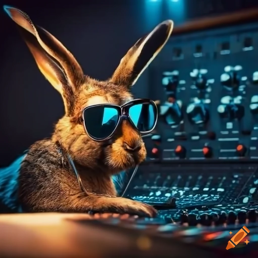 cartoon of a stylish hare at the mixing desk