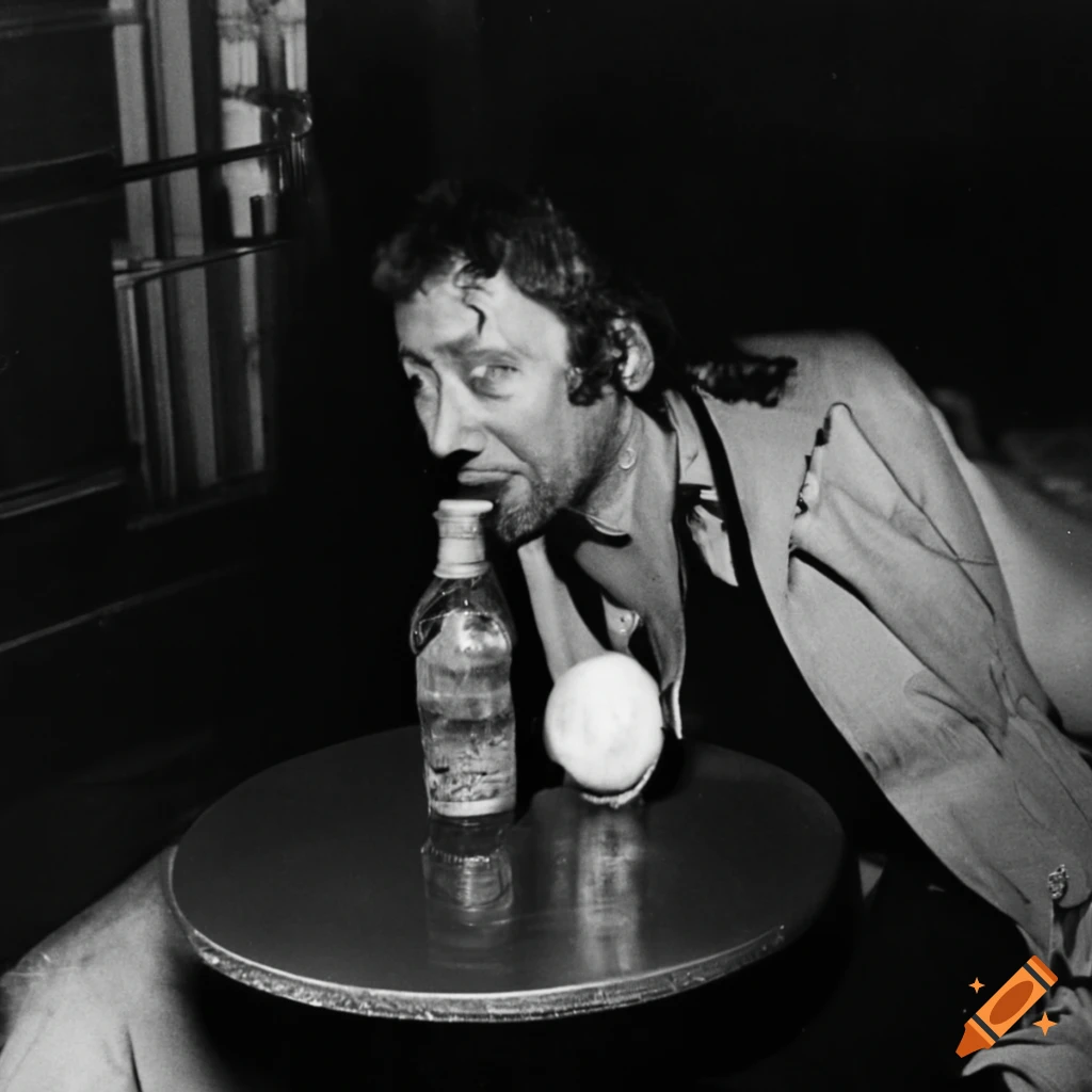 Serge Gainsbourg walking with a bottle of gin in Paris