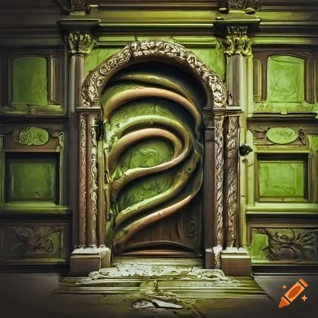 baroque moss-covered door with Rembrandt-style spiral