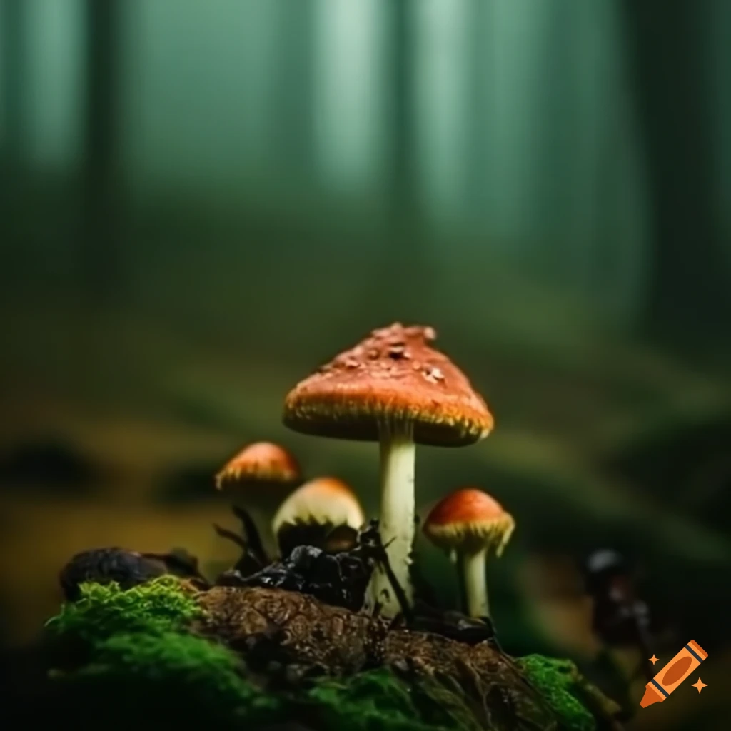 macro photo of mushrooms and ants in a foggy forest