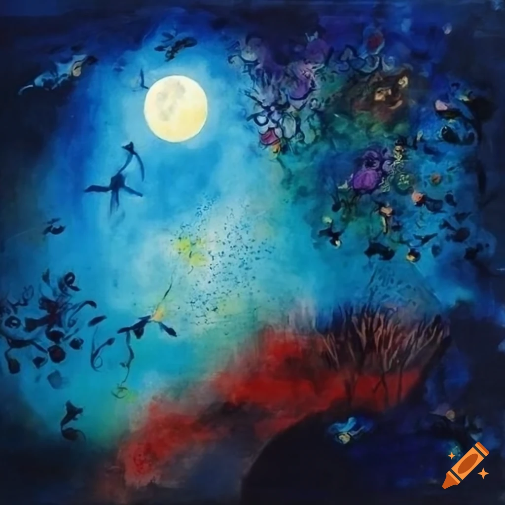 Night moon and fireflies in japanese and chinese painting style