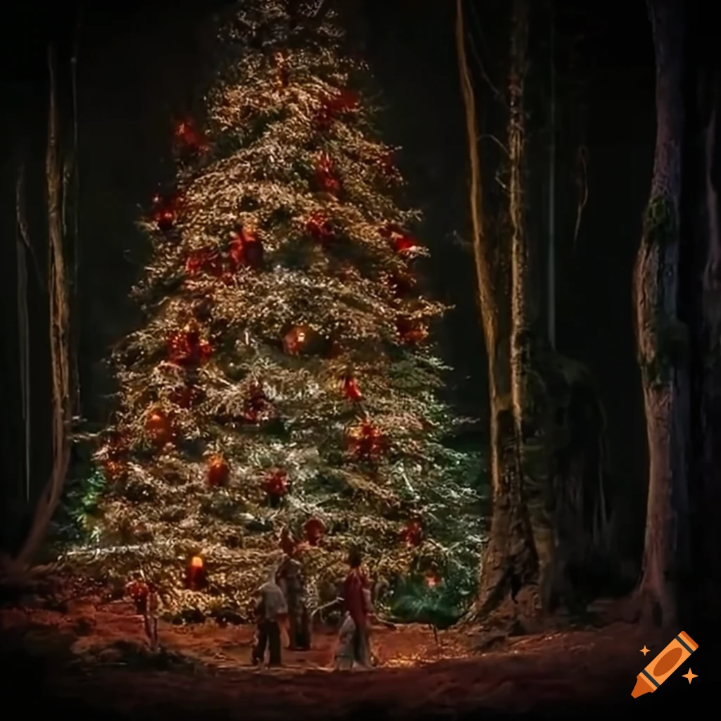 Ancient art of santa claus hiking in a christmas tree forest