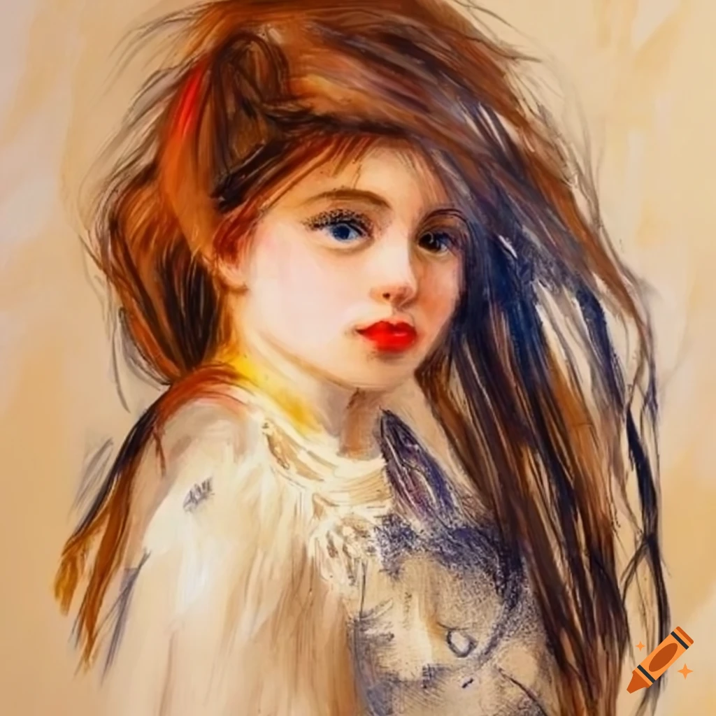 Renoir-style painting of a girl blow drying her hair