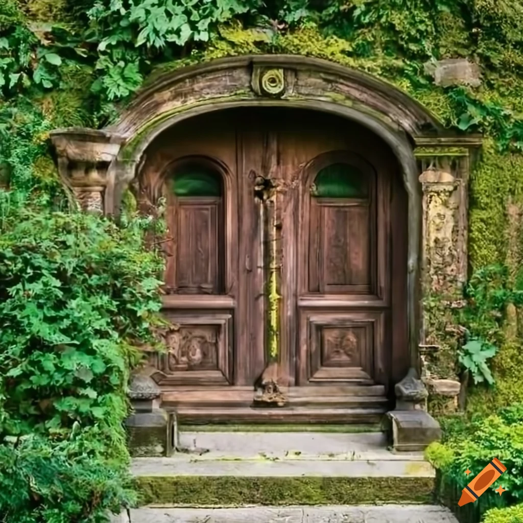 Moss-covered wooden front door leading to a garden on Craiyon