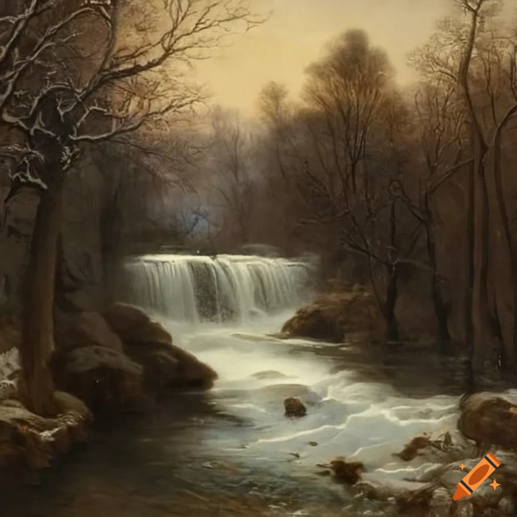 Victorian oil painting of a winter landscape with a waterfall