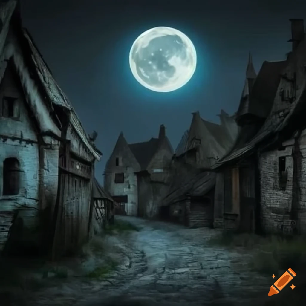 Forsaken medieval village in the moonlight