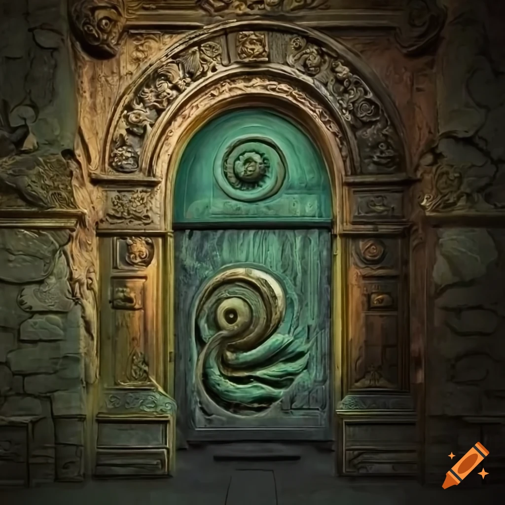 baroque door with galaxy engraving in Magritte style