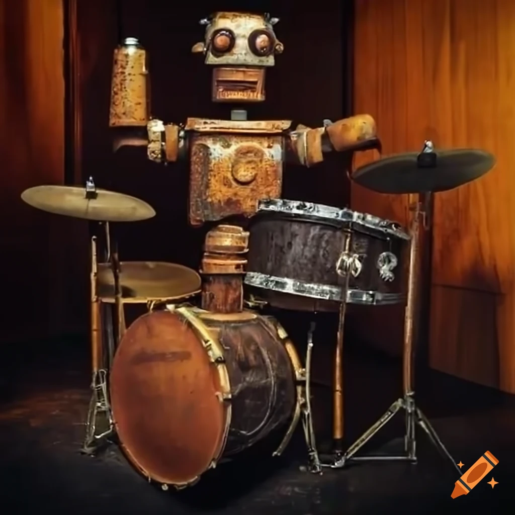 Rusty robot playing the drums on Craiyon