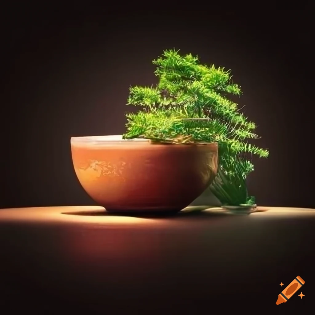 Sundew plant in a ceramic pot with bonsai landscape on Craiyon