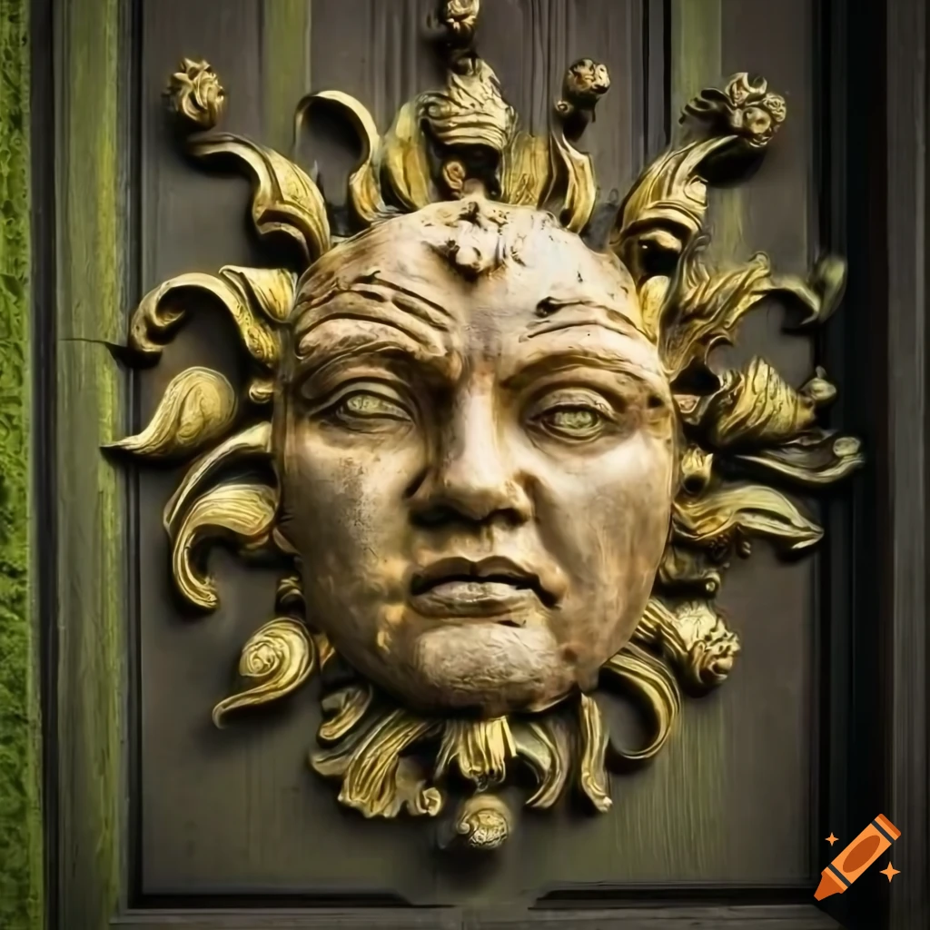 wooden baroque door with a carved sun face