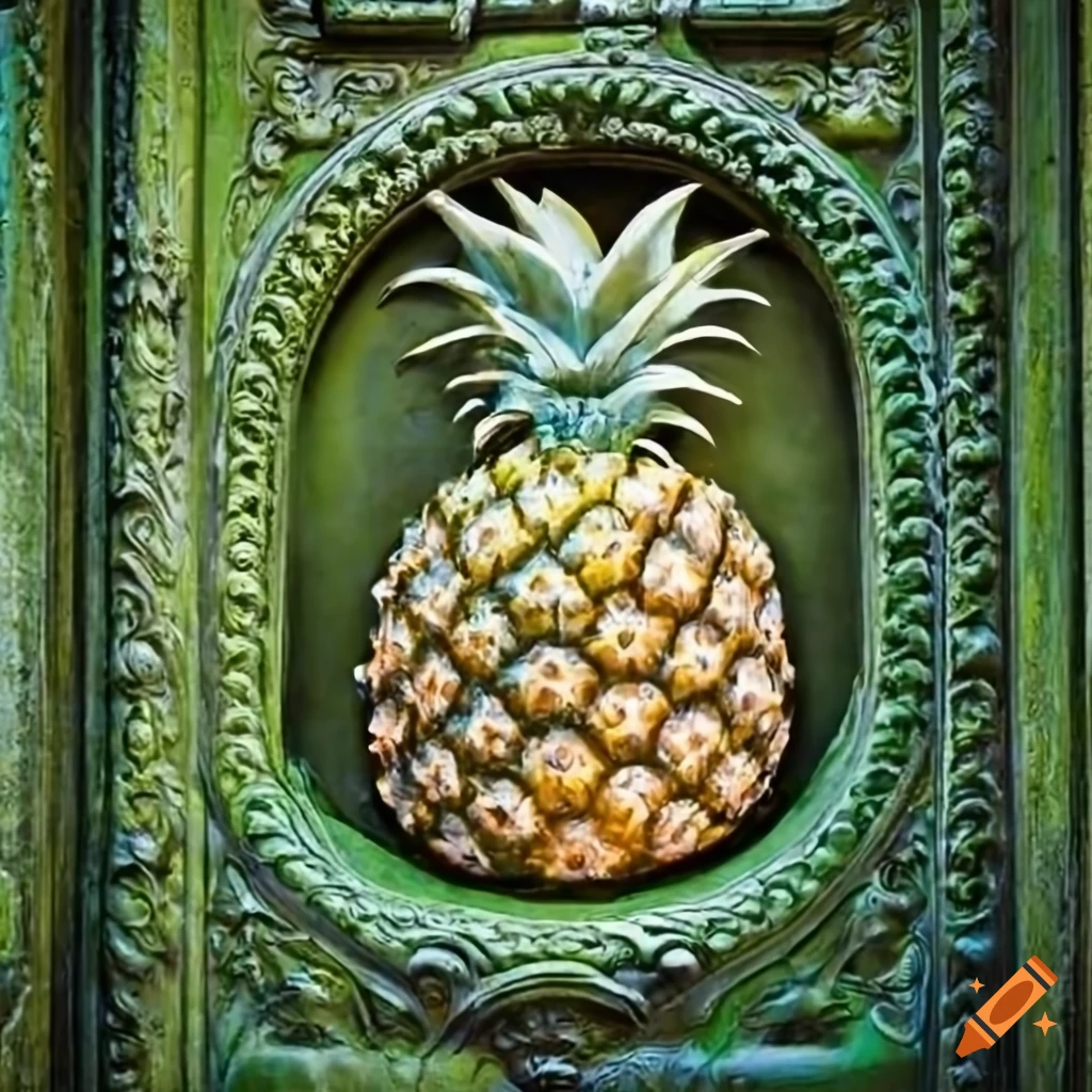 Renaissance fresco style painting of a spiral with pineapple on a stone door