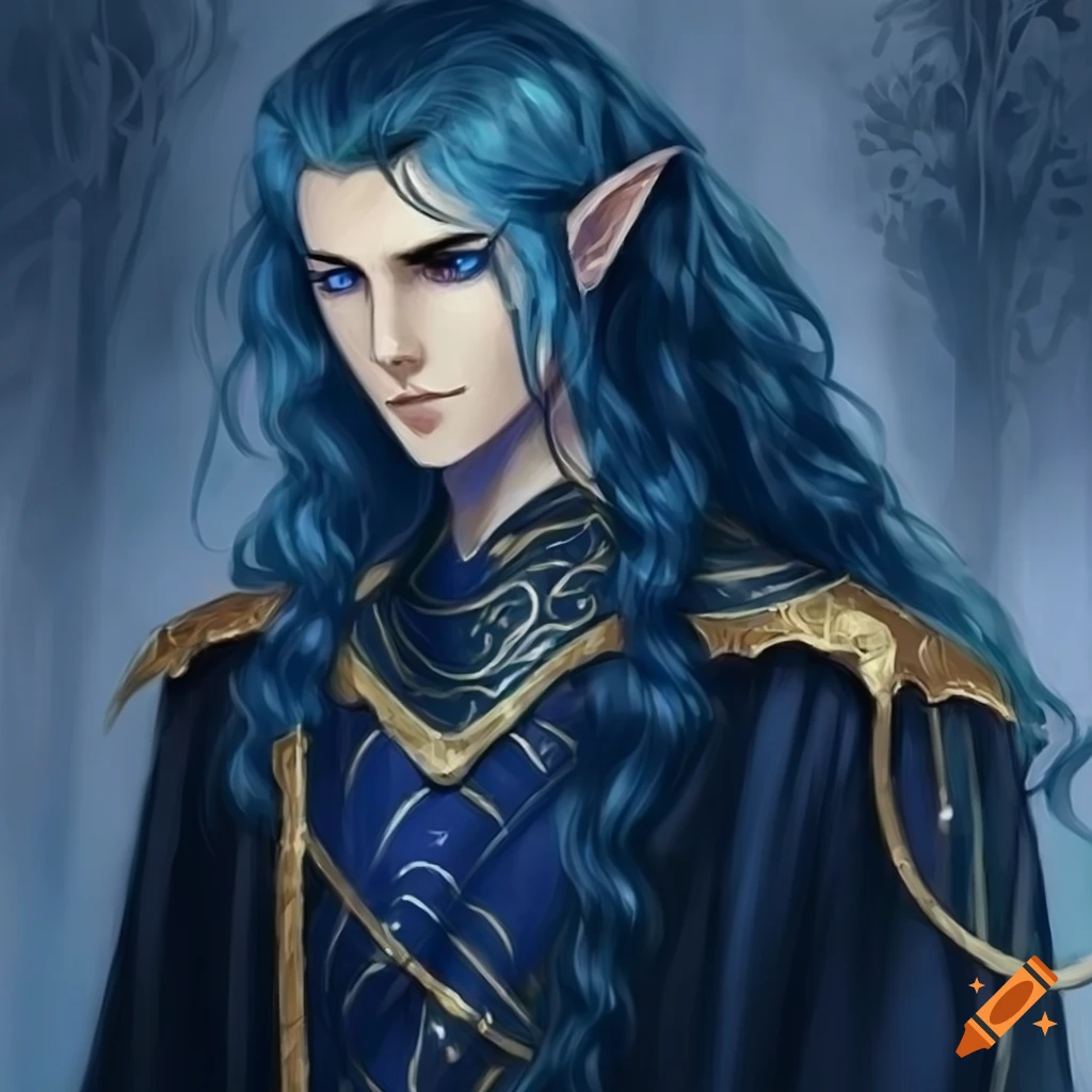 Artwork of a noble elven prince with blue wavy hair on Craiyon